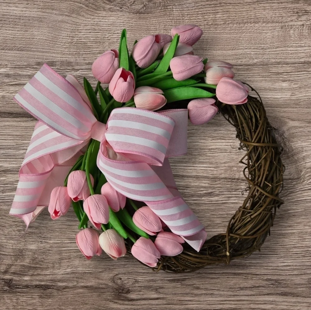 Handmade Charming Pink Tulip Wreath with Striped Bow Spring Wreath